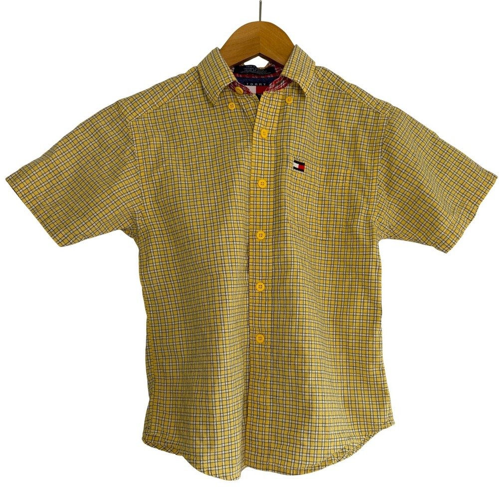 Tommy Hilfiger Boys Yellow Plaid Short Sleeve Button Down Shirt Size 7 Check